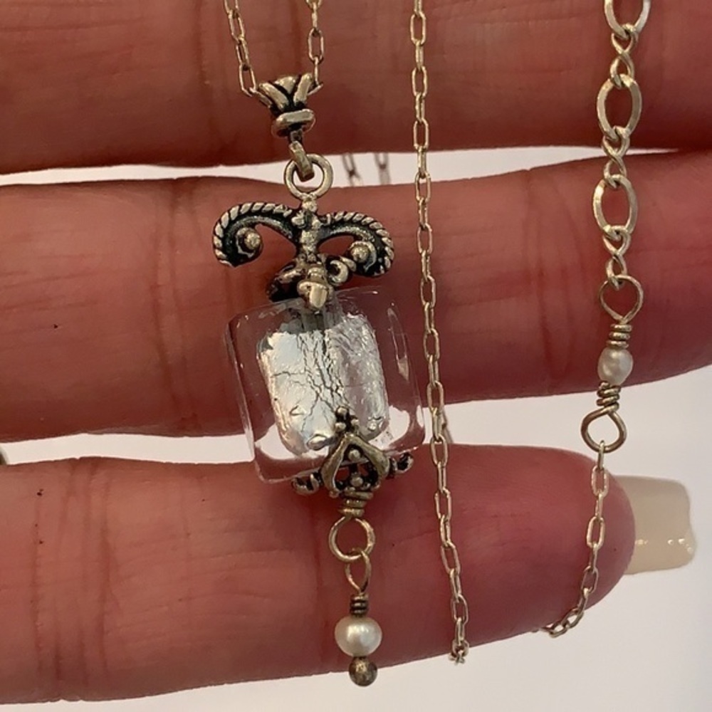 Sterling silver natural pearls art glass pendant